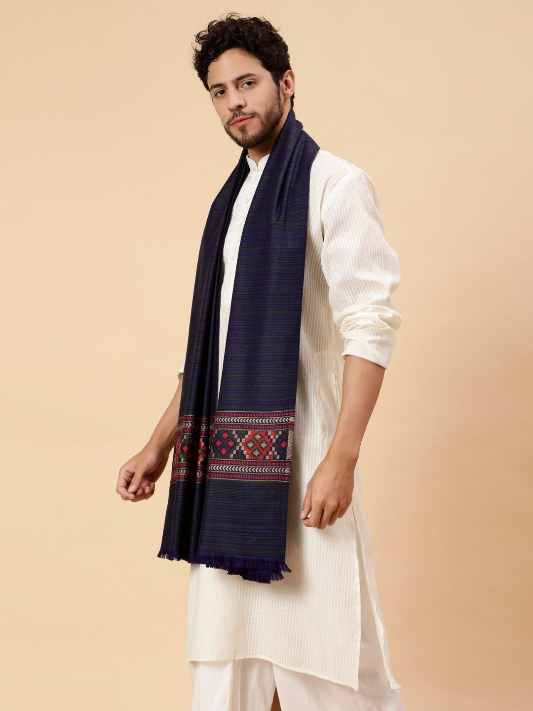 Tweedle Kullu Pattern Wool Blend Shawl for Men | Traditional Himachali Design| Dark Blue -  40x80