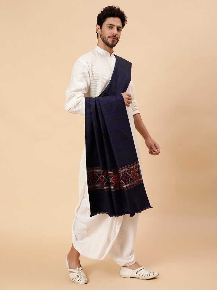 Tweedle Kullu Pattern Wool Blend Shawl for Men | Traditional Himachali Design| Dark Blue -  40x80