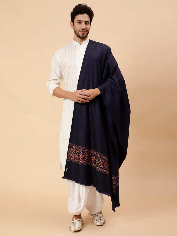 Tweedle Kullu Pattern Wool Blend Shawl for Men | Traditional Himachali Design| Dark Blue -  40x80