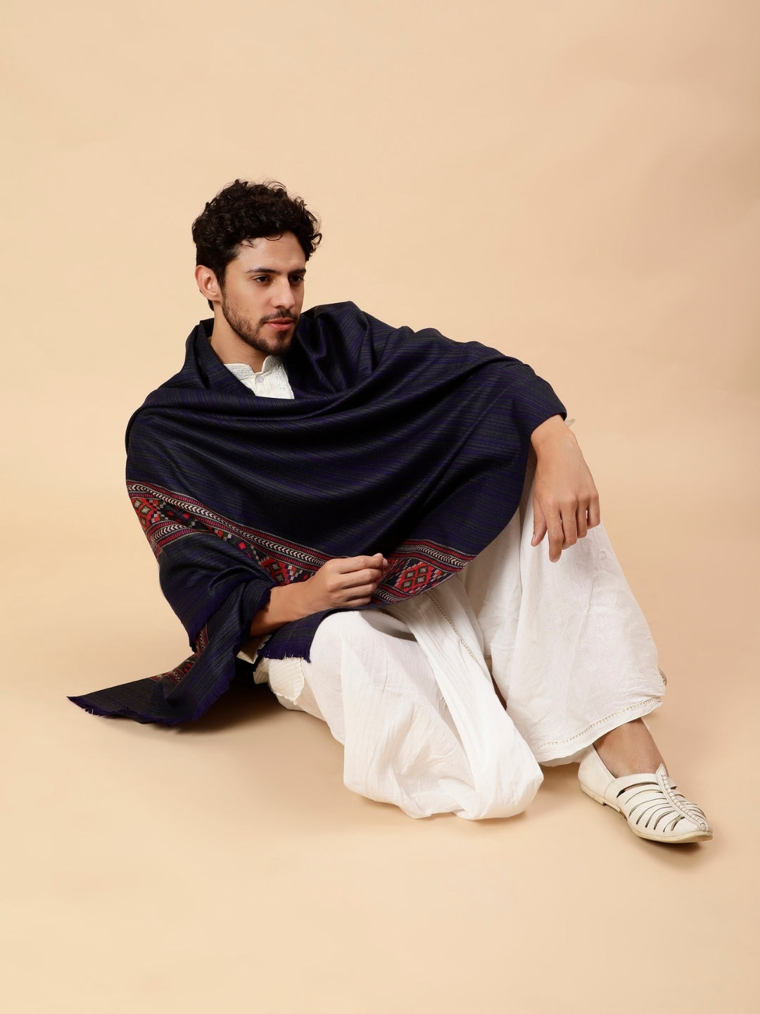 Tweedle Kullu Pattern Wool Blend Shawl for Men | Traditional Himachali Design| Dark Blue -  40x80