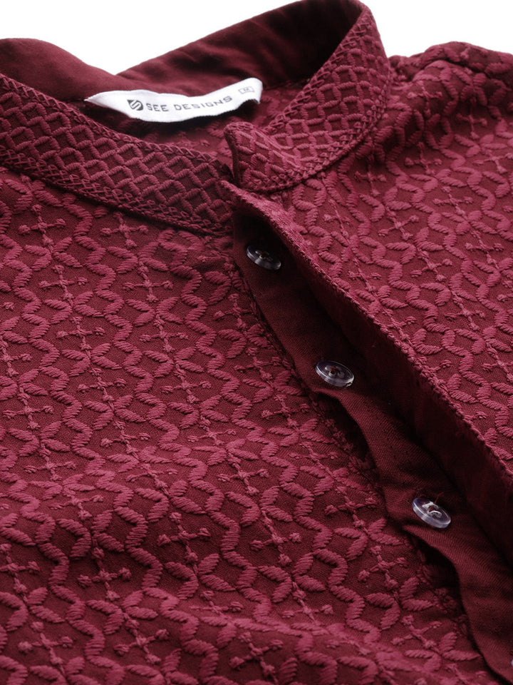 Men's Maroon Embroidered Chikankari Rayon Straight Kurta