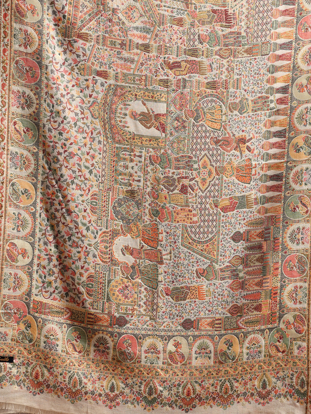 Tweedle Heritage Kashmiri Zari Stole for Women, Darbar Design, Soft Pashmina Feel - White