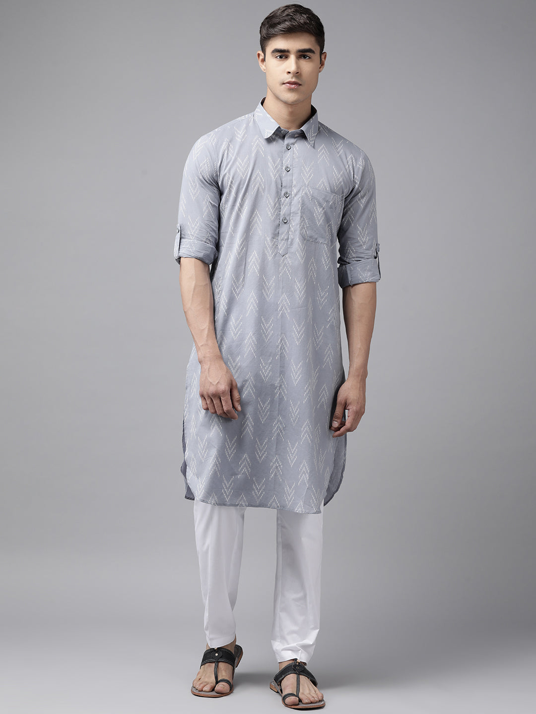 Men Light Grey Regular Pure Cotton Pathani Kurta with white Salwar