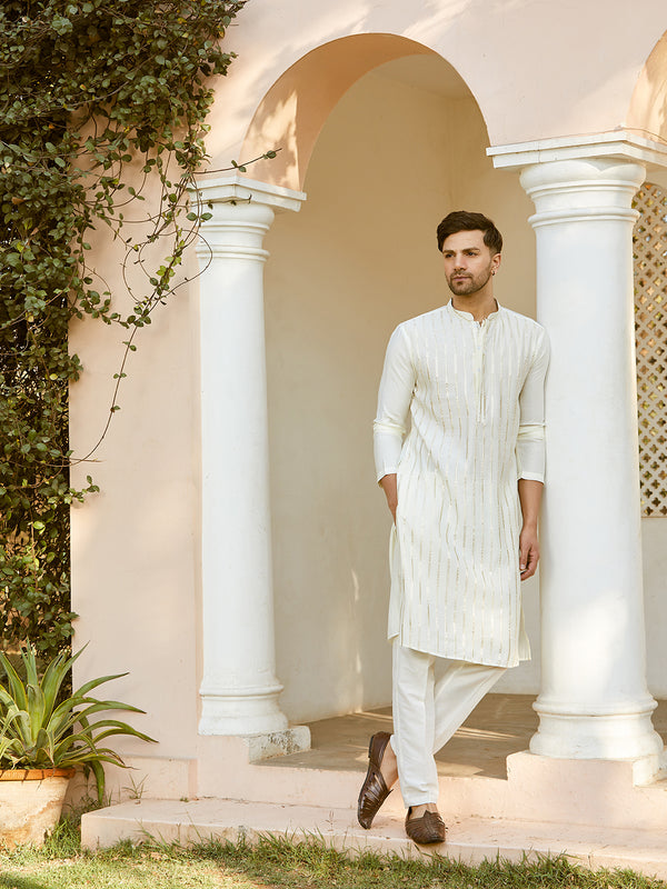 Sequins Embroidered Pure Chanderi Silk Straight Kurta – Off White
