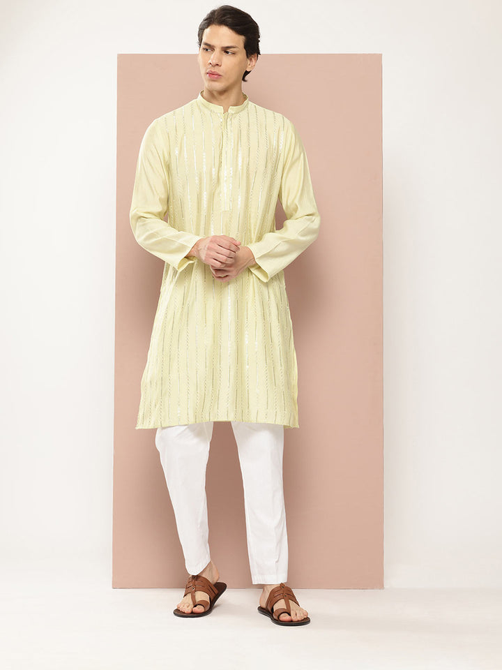 Men's Pista Green Embroidered Thread Work Sequined Chanderi Silk Kurta