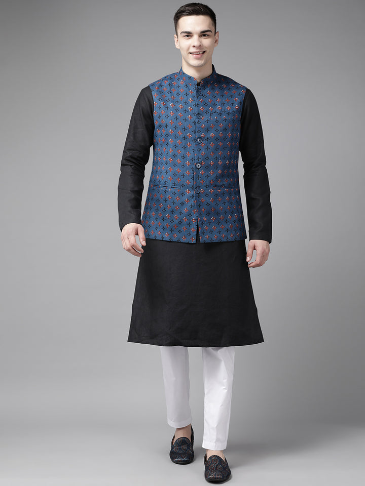 Pure Cotton Kurta with Pyjama & Printed Nehru Jacket