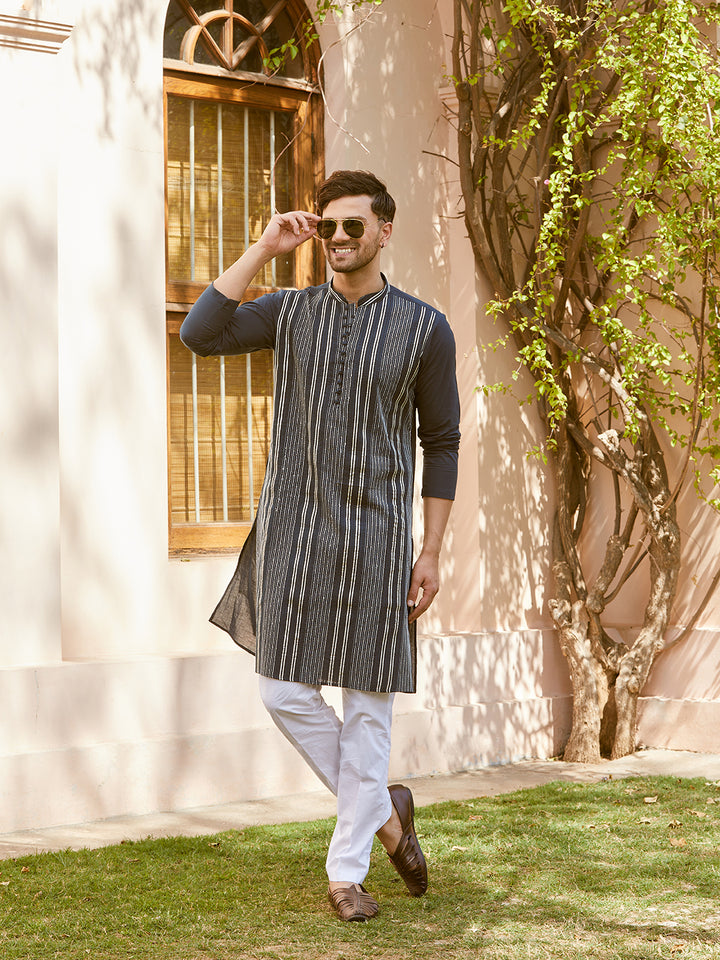 Gota Strips and Sequins Embroidered Pure Cotton Straight Kurta with Pyjama