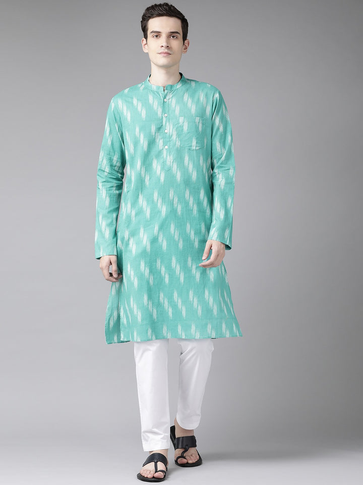Men Turquoise Blue And White Printed Straight Kurta