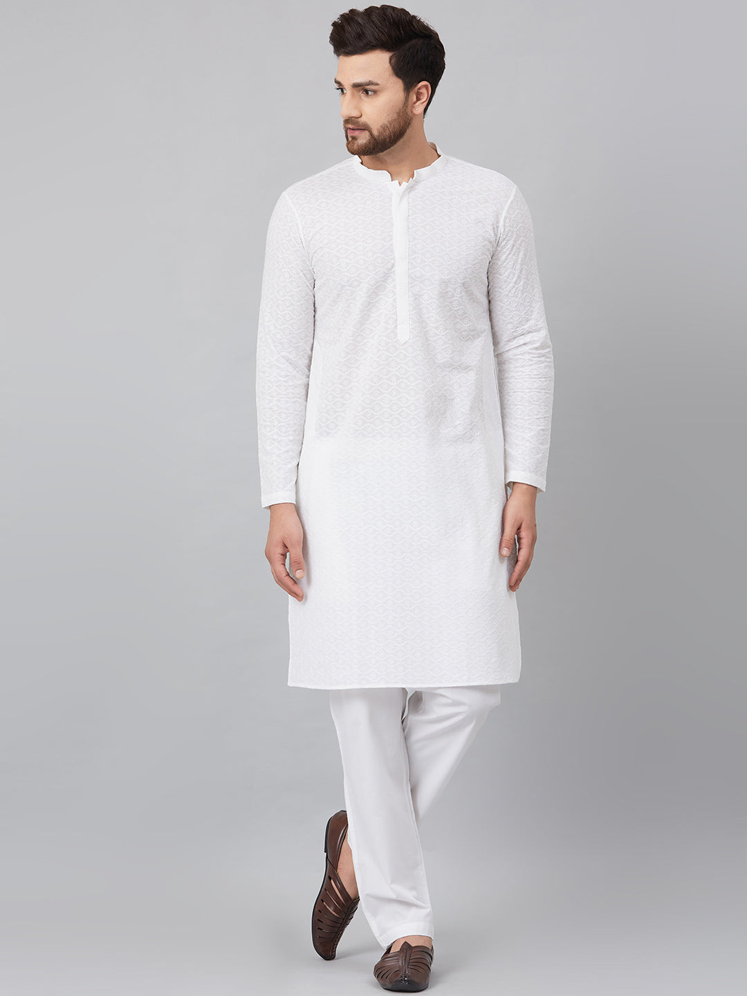 White Green Chikankari Embroidered Woven Design Straight Kurta With Pyjama