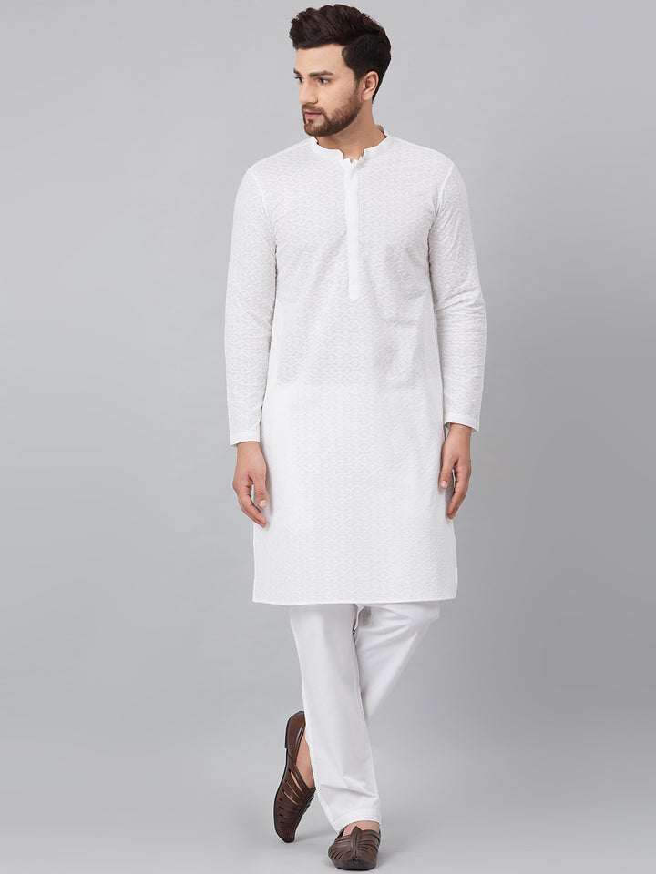 White Green Chikankari Embroidered Woven Design Straight Kurta With Pyjama