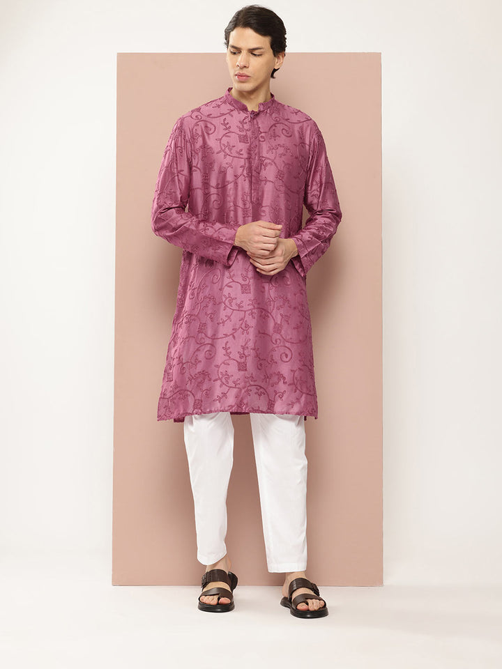 Men's Magenta Embroidered Thread Work Chanderi Silk Straight Kurta