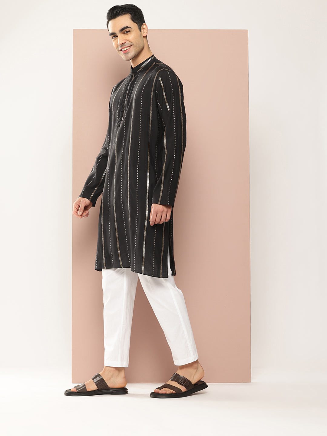 Men's Black & Gold Sequined Chanderi Silk Kurta