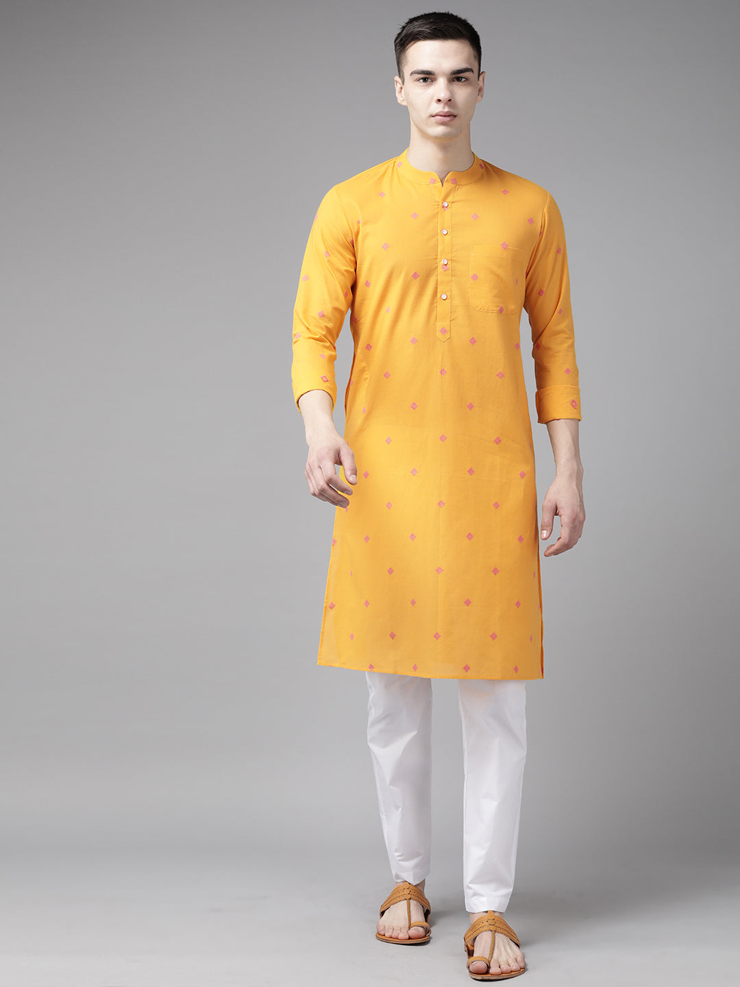 Men Yellow & Maroon  Woven Design Straight Kurta With Pyjama