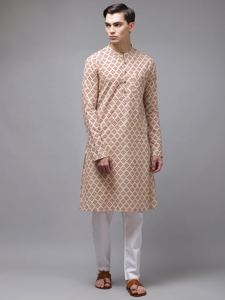 Men Beige And Maroon Hand Block Print Sustainable Straight Kurta
