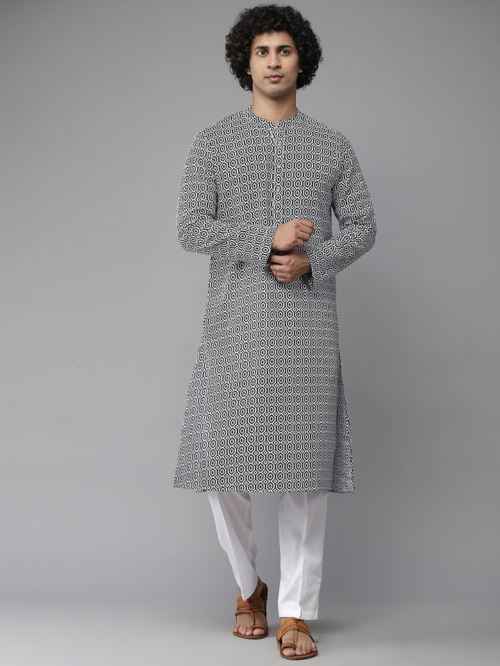 Men Navy Blue-Coloured And White Printed Pure Cotton Straight Kurta With Pyjama