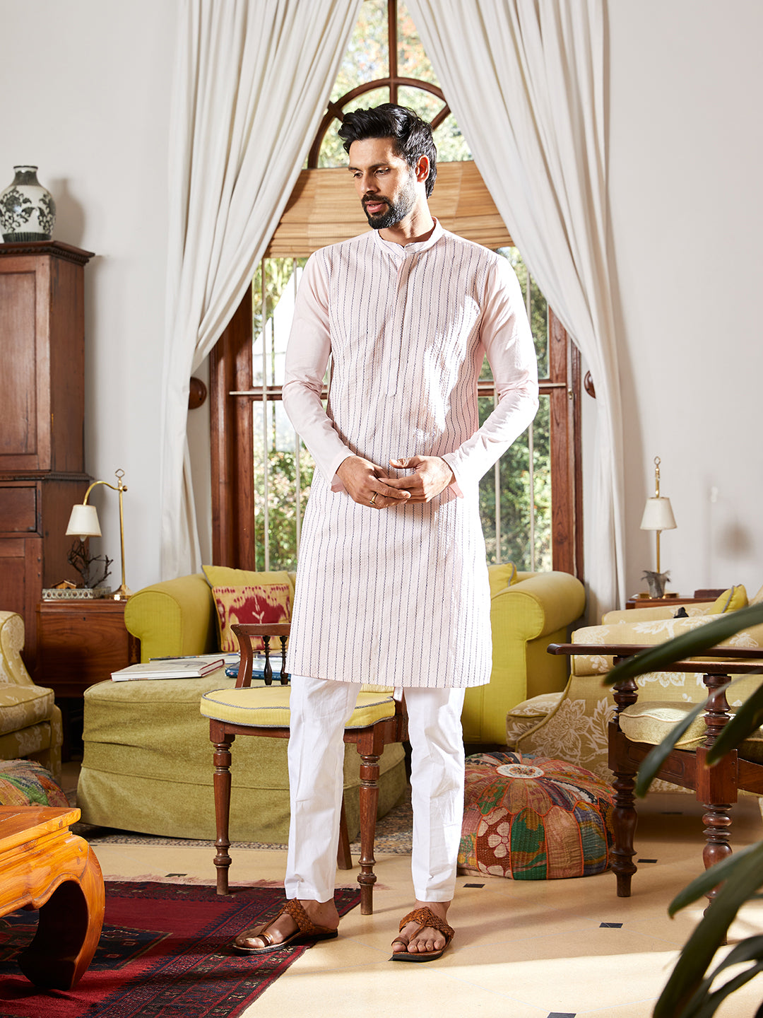 Thread & Sequin Worked Pure Cotton Straight Kurta with Pyjama