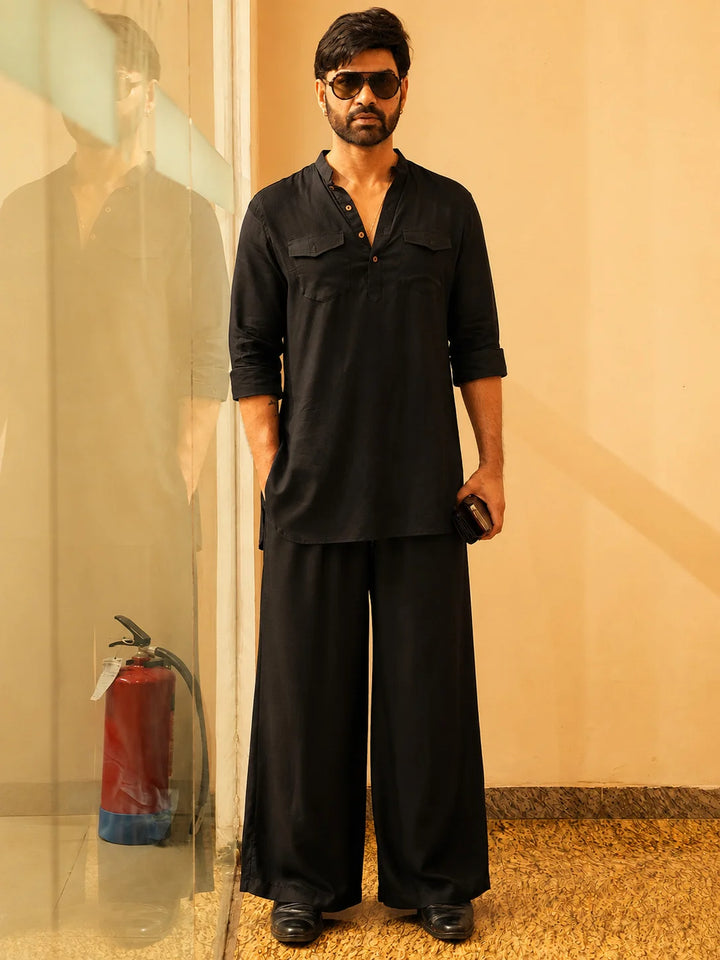 Men's Black Rayon Solid Pathani Set