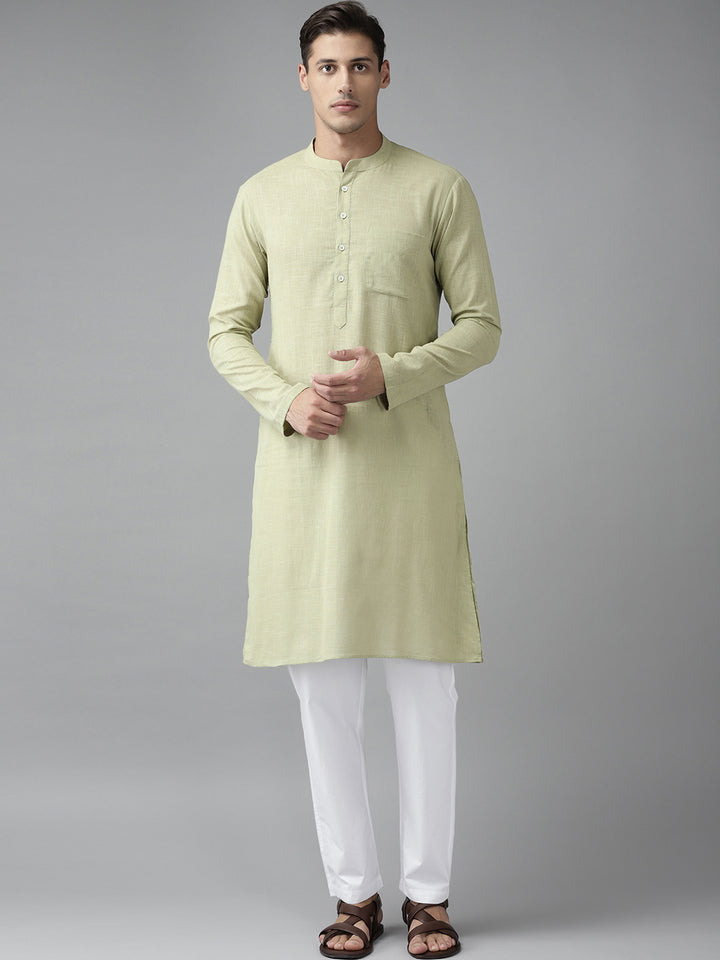 Men Green Cotton  Straight Kurta with Slub Effect
