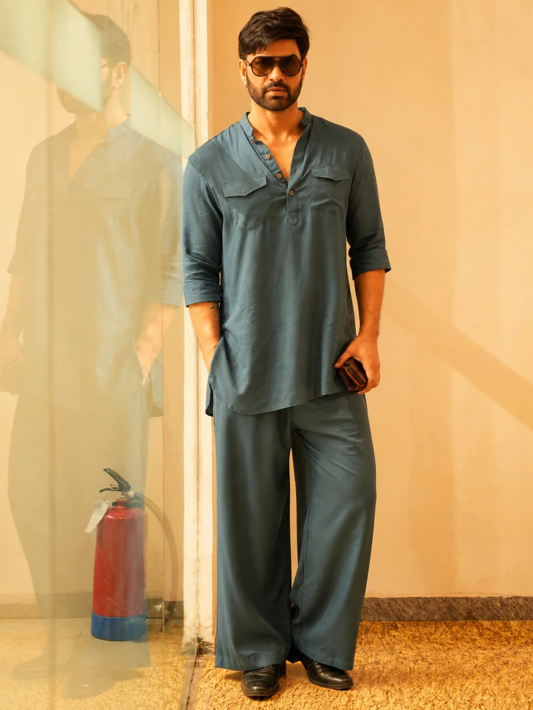 Men's Gray Rayon Solid Pathani Set