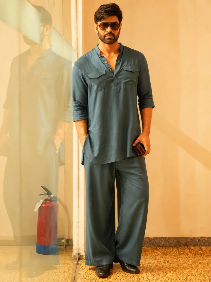 Men's Gray Rayon Solid Pathani Set