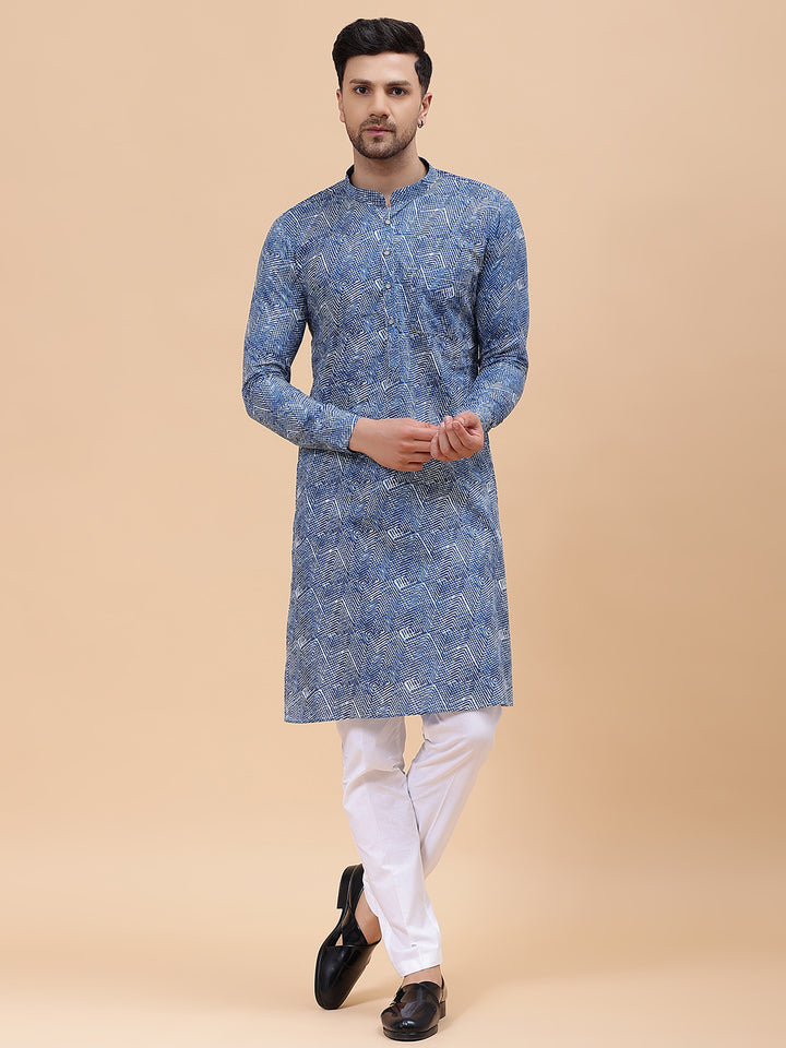 Men Blue Pure Cotton Printed Staright Kurta