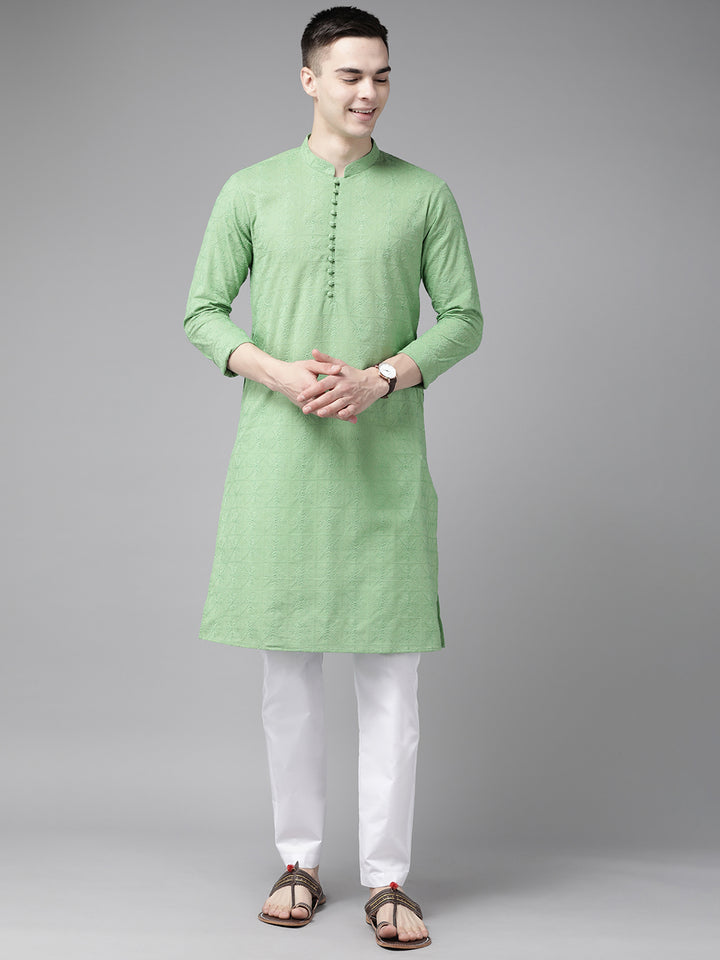 Men Green Pure Cotton Chikankari Embroidered Straight Kurta
