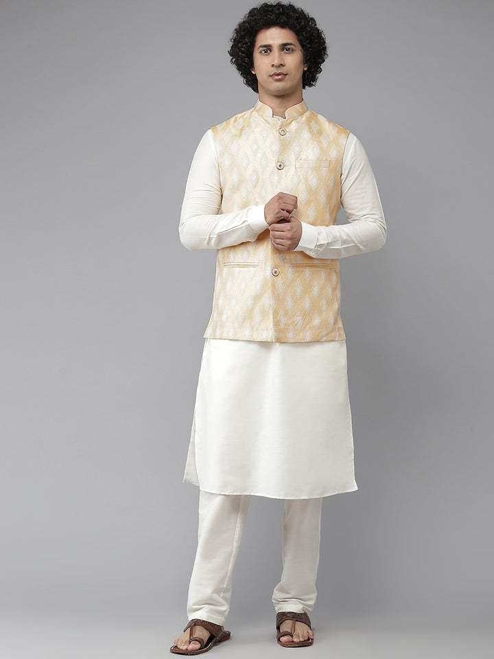 Men Gold & White Woven Jacquard Nehru jacket