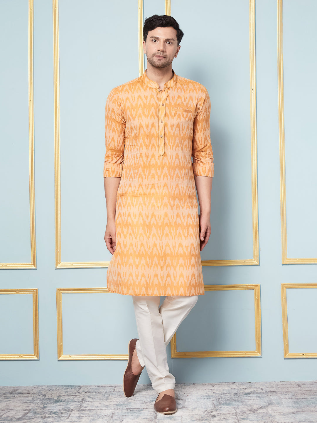 Mustard Ikat Printed Kurta With Pyjama