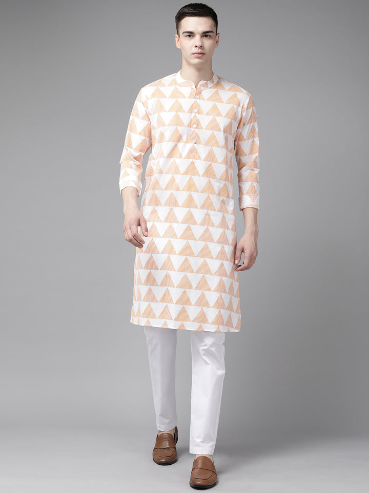 Men White & Yellow Stripe Printed Straight Kurta With Pyjama