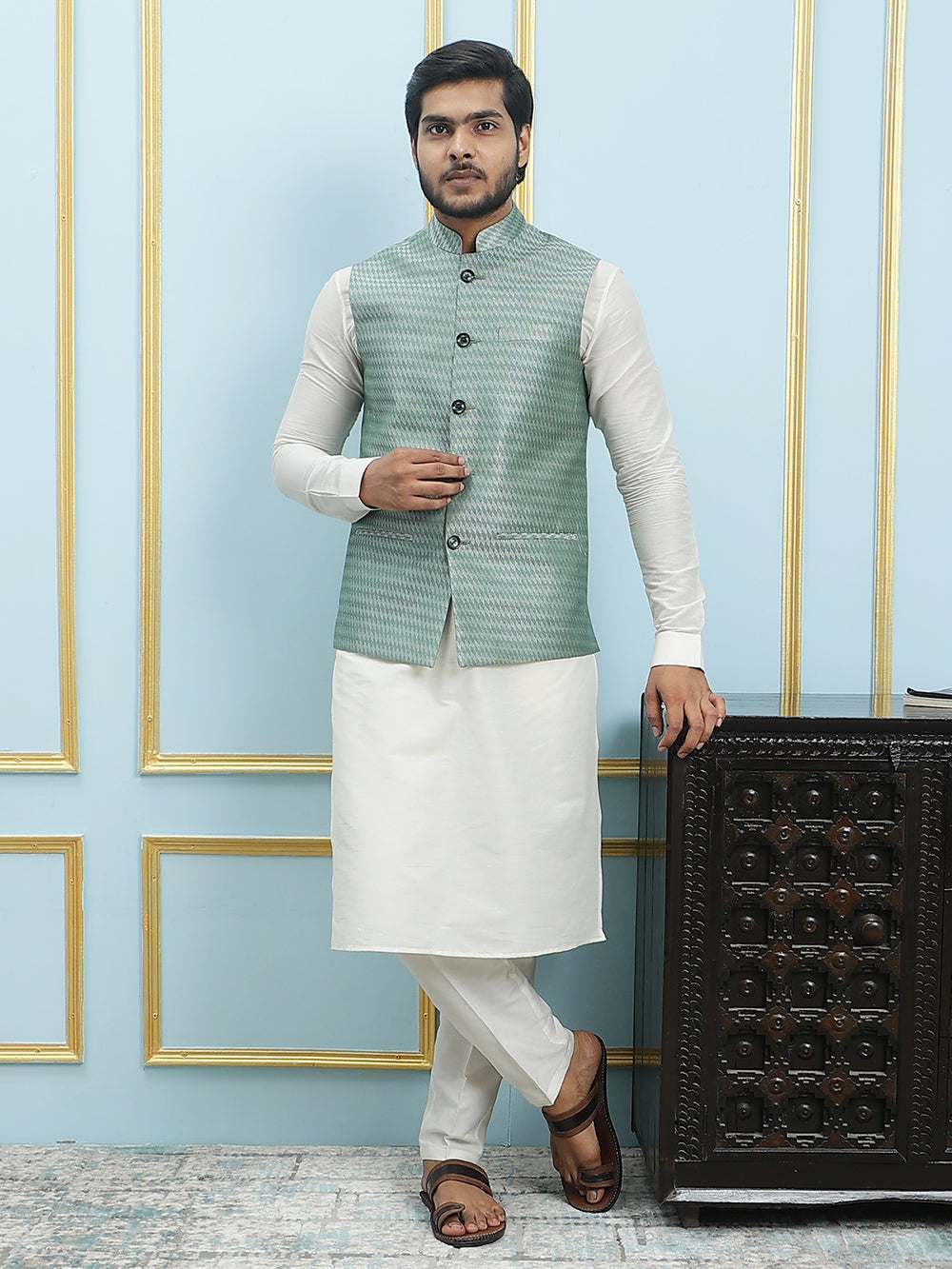Woven Jacquard Nehru Jacket – Green