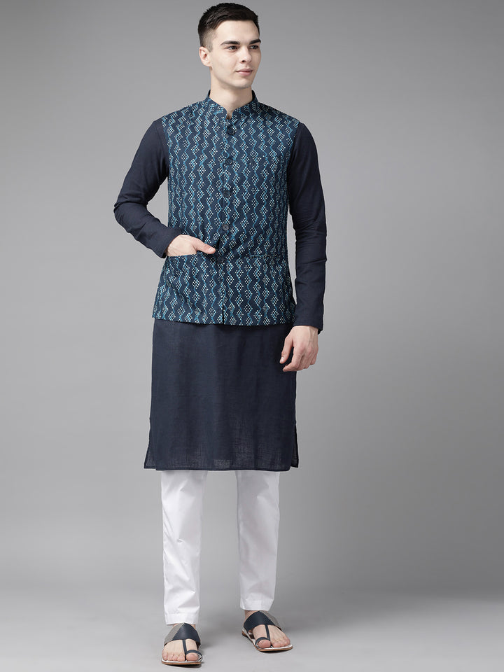 Men Blue And Beige Printed Pure Cotton Kurta Pajama With Neharu jacket