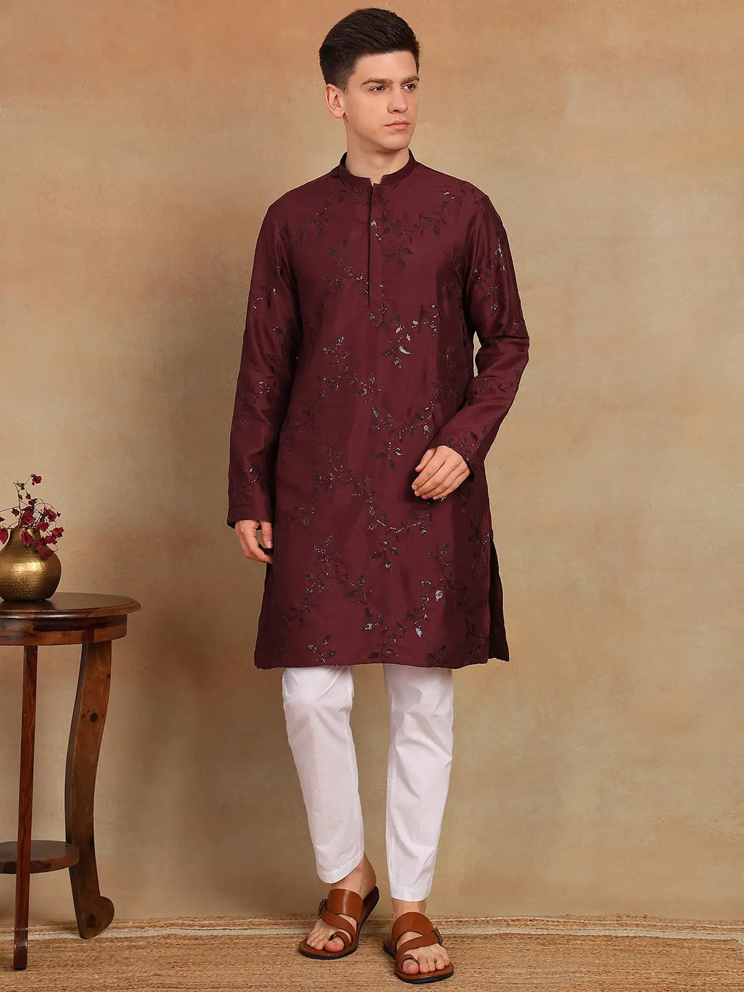 Men Maroon Sequins Leaf Straight Kurta with Pyjama – White