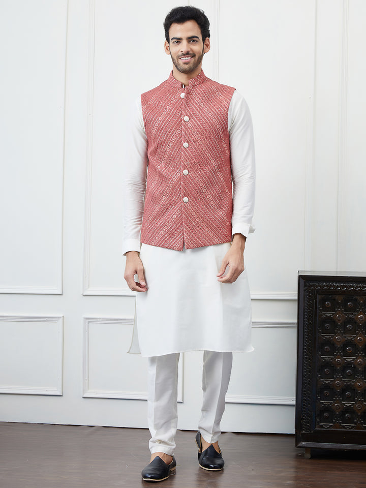 Pure Cotton Straight Kurta & Pyjama with Sequins Embroidered Nehru Jacket