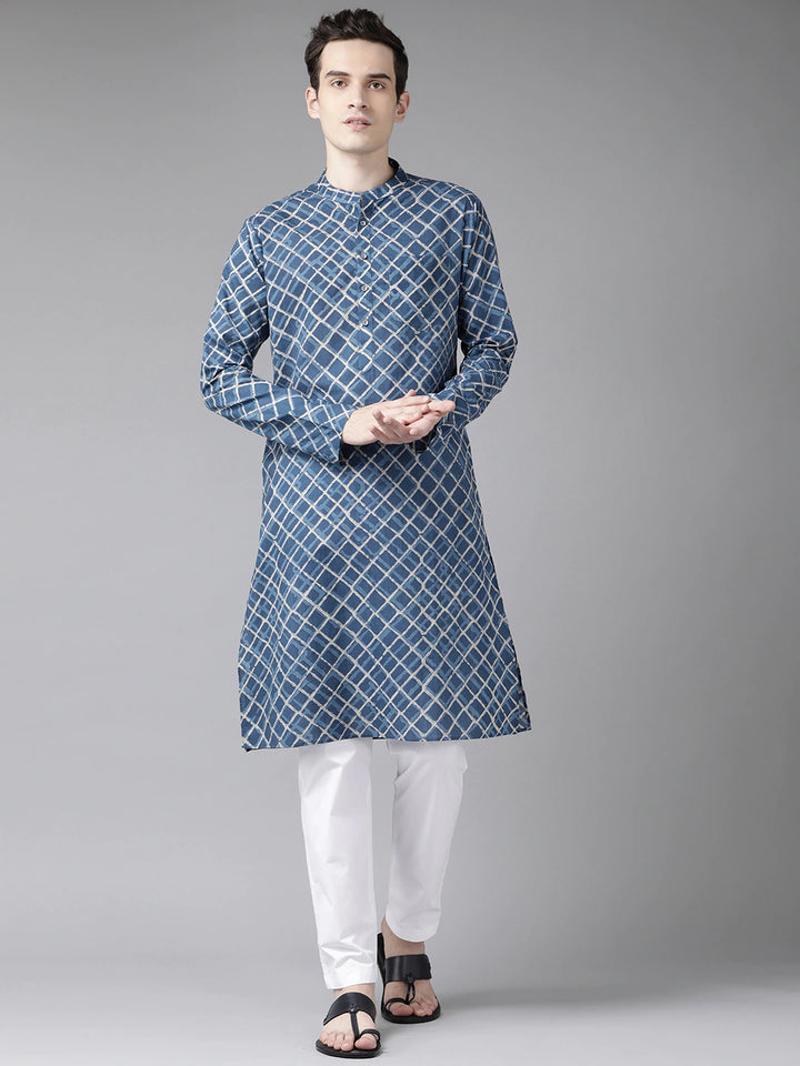 Blue and Beige Print Straight kurta with pyjama