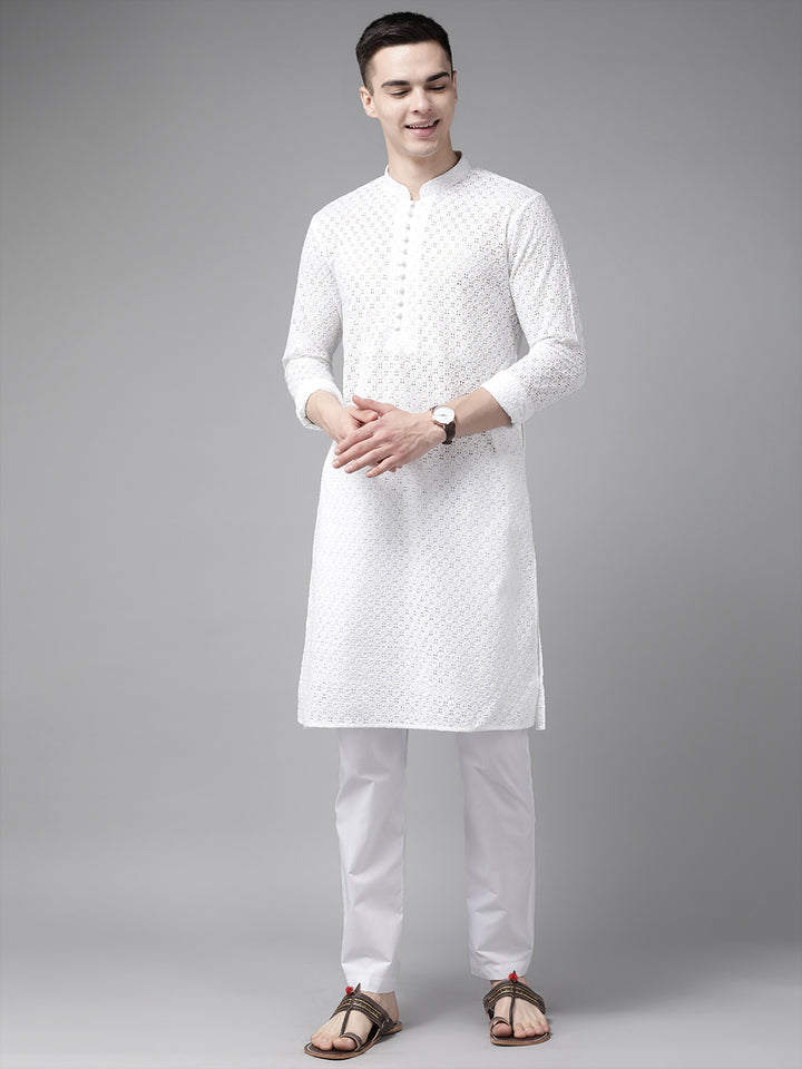 Men White Pure Cotton Chikankari Embroidered Straight Kurta With Pajama