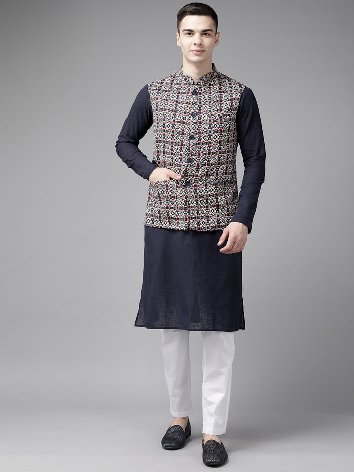 Men Blue And Maroon Printed Pure Cotton Kurta Pajama With Nehru jacket