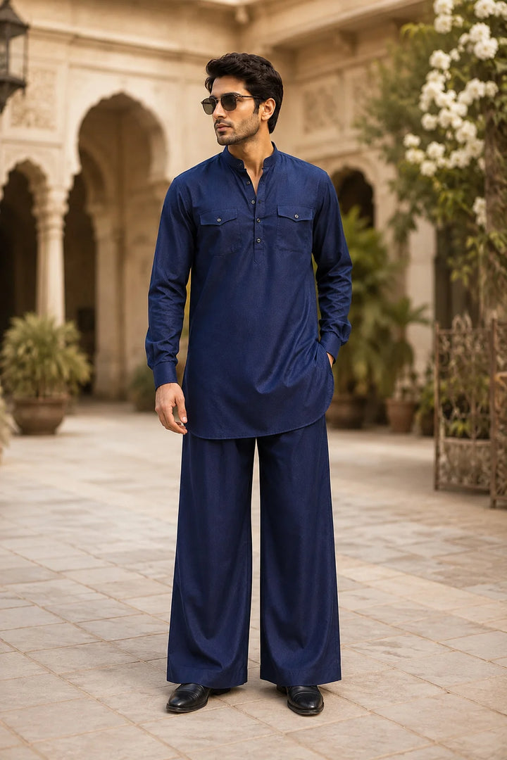 Men's Blue Rayon Solid Pathani Set