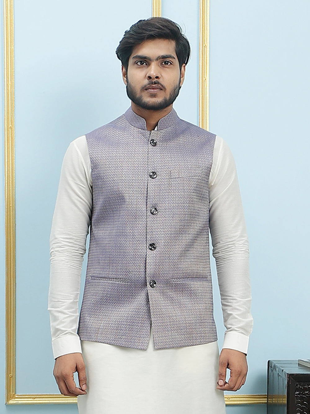 Woven Jacquard Nehru Jacket – Blue