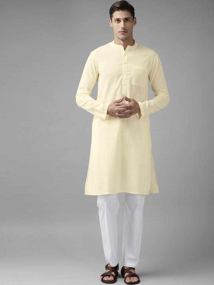 Men Cream Cotton  Straight Kurta with Slub Effect With Pyjama