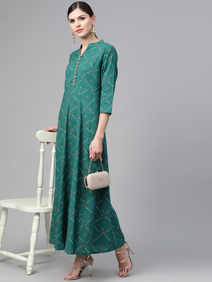 Green Bandhani Printed Flared Maxi Dress