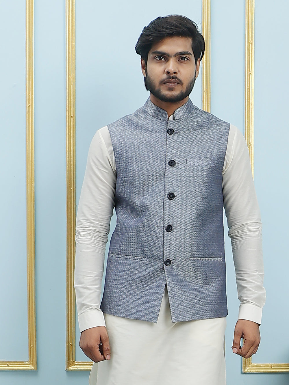 Woven Jacquard Nehru Jacket – Blue