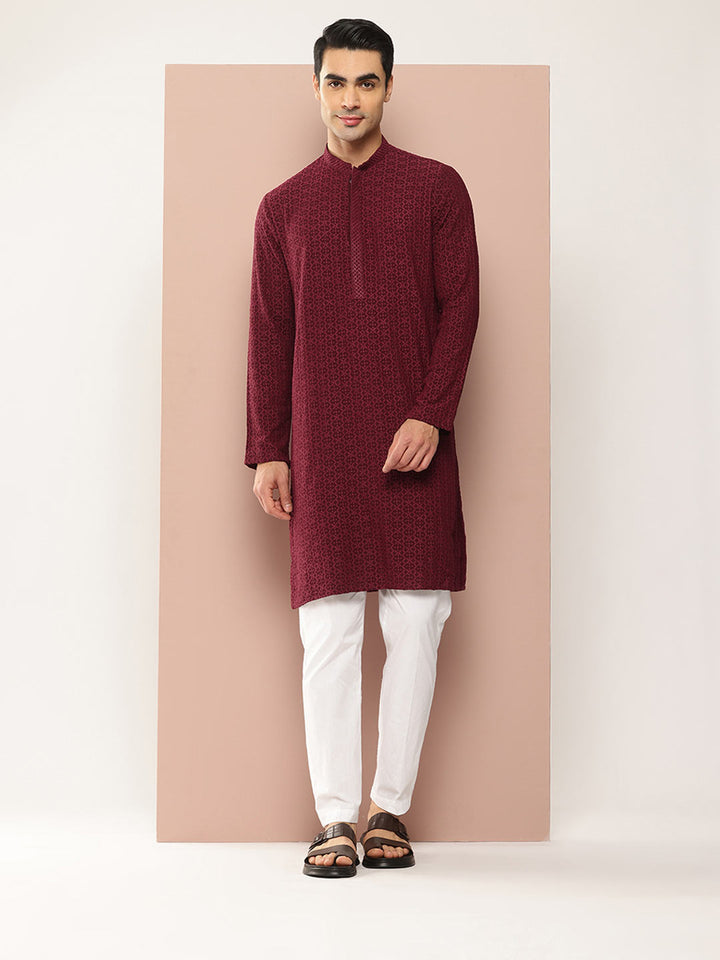 Men's Maroon Embroidered Chikankari Rayon Straight Kurta