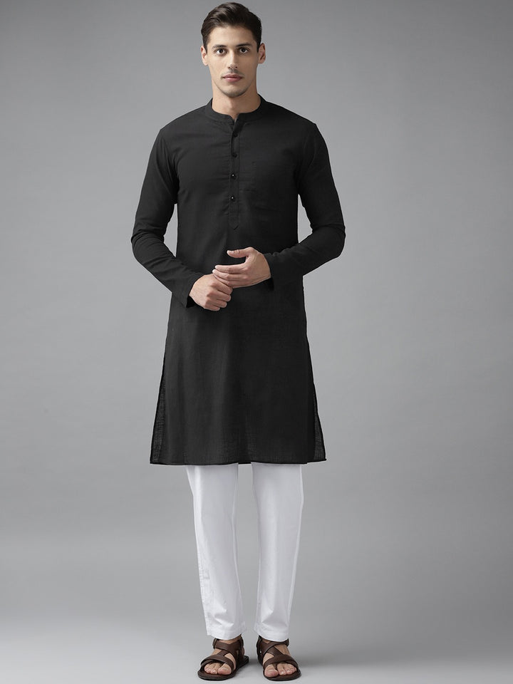 Men Black Cotton Slub Straight Kurta with Pyjama