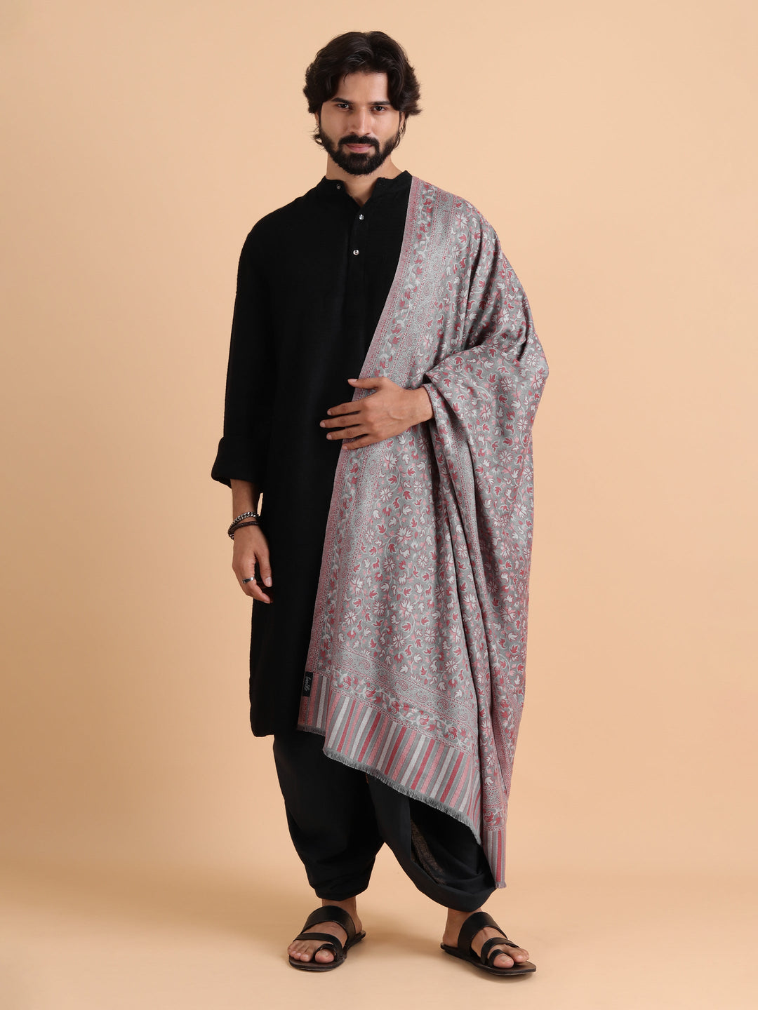 Tweedle Men’s Traditional Kani Shawl for Winters - Grey, Size - 40 x 80 inches
