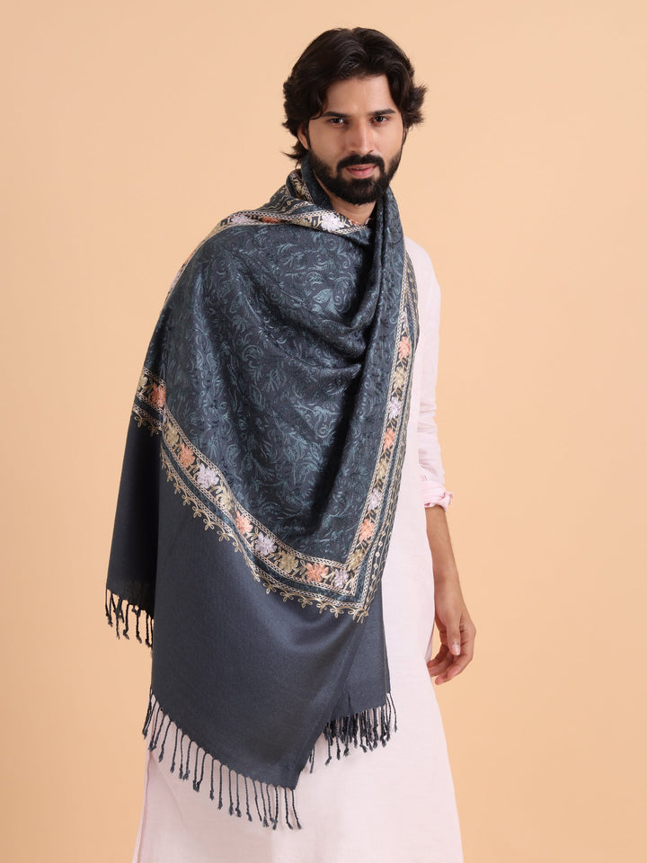 Tweedle Men's Acro Wool Kashmiri Embroidery Stole, Grey, Size - 28 x 80 inches