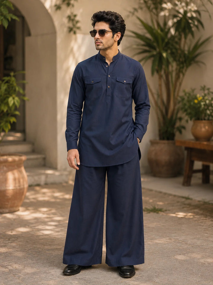 Men's Navy Blue Rayon Solid Pathani Set