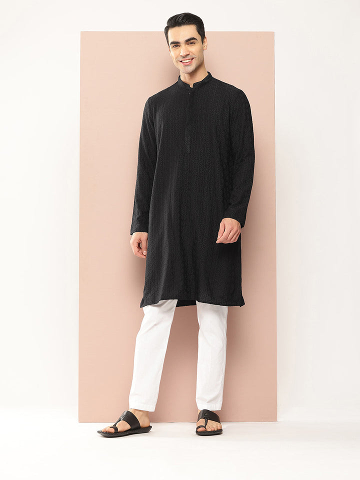 Men's Black Embroidered Threadwork & Sequined Chanderi Silk Straight Kurta