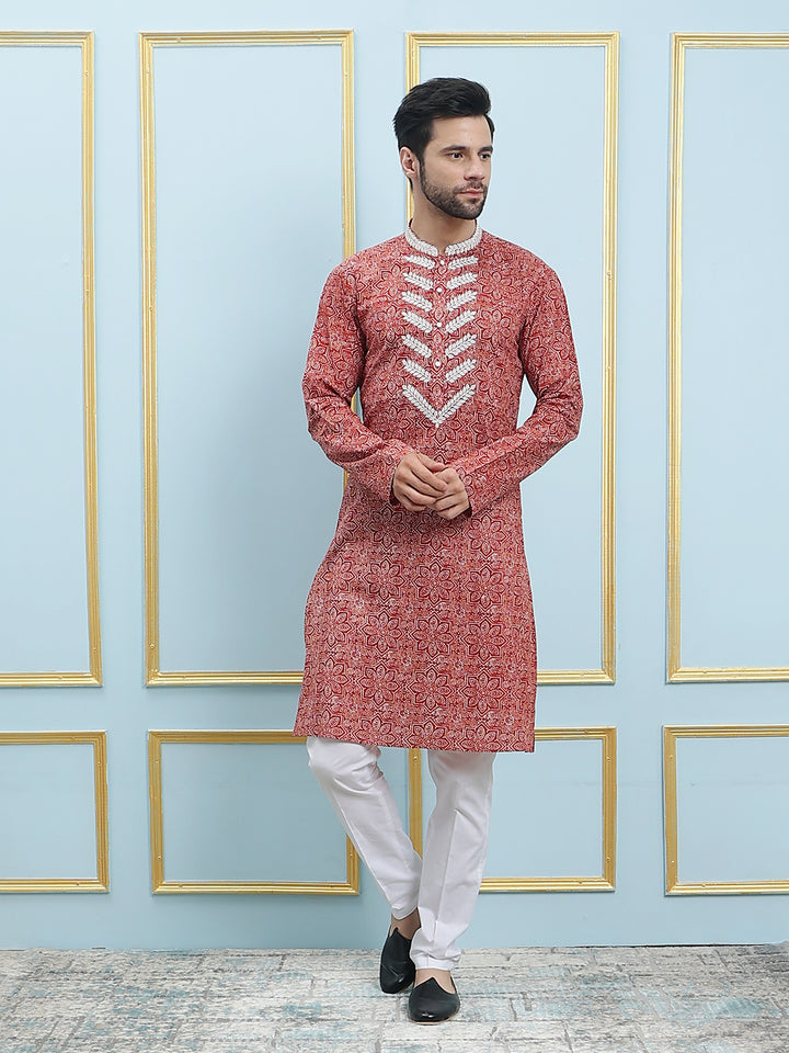 Printed Pure Cotton Straight Kurta with Embroidered Neck Design