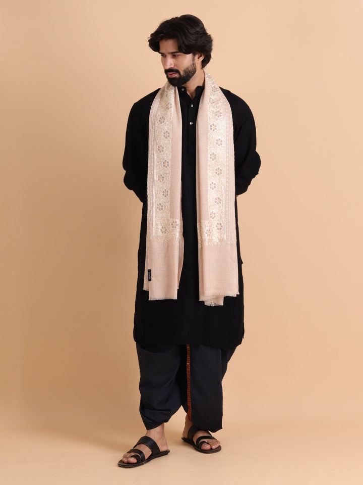 Tweedle Fine Wool Aari Embroidery Stole / Scarf for Men, Border Design with Stone Work - Off-White