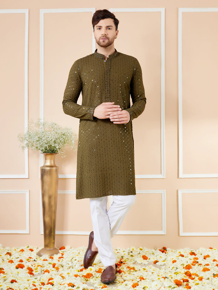 Olive Sequins Embroidered Rayon Kurta with Pyjama